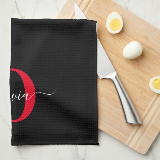 Gepersonaliseerd monogram Script Name Black White  Theedoek (Quarter Fold)