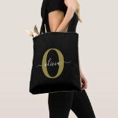 Gepersonaliseerd monogram Script Name Black White Tote Bag (Dichtbij)
