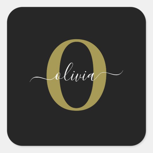 Gepersonaliseerd monogram Script Name Black White Vierkante Sticker (Voorkant)
