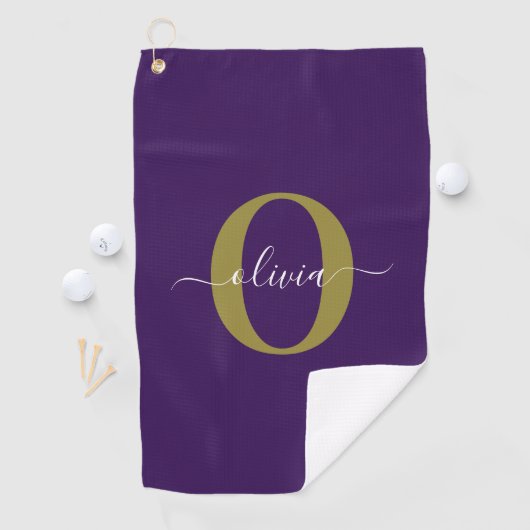 Gepersonaliseerd Monogram Script Name Paars White  Golfhanddoek (Insitu)