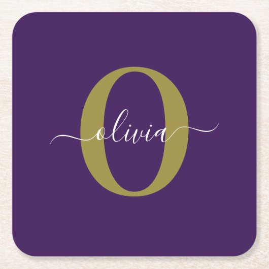 Gepersonaliseerd Monogram Script Name Paars White Kartonnen Onderzetters (Voorkant)