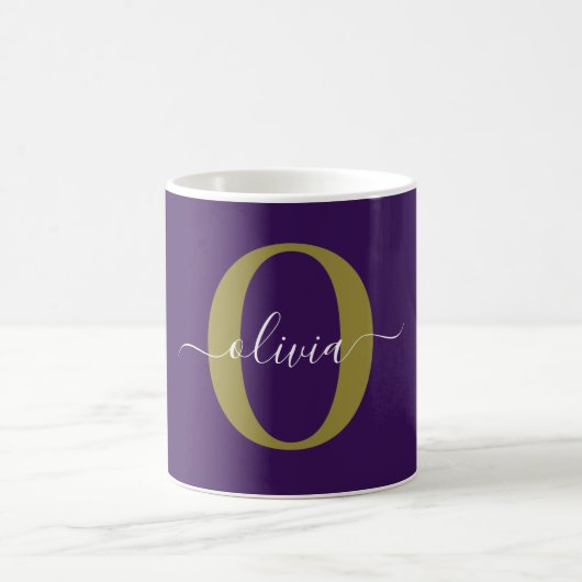 Gepersonaliseerd Monogram Script Name Paars White Koffiemok (Center)