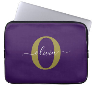 Gepersonaliseerd Monogram Script Name Paars White Laptop Sleeve