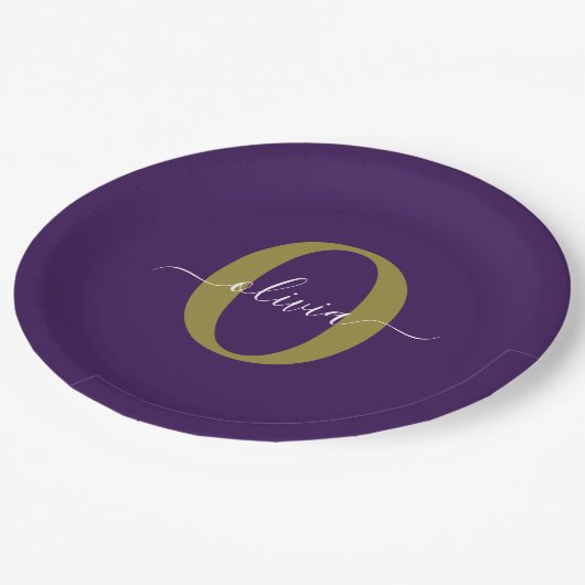 Gepersonaliseerd Monogram Script Name Paars White  Papieren Bordje (Gekanteld)