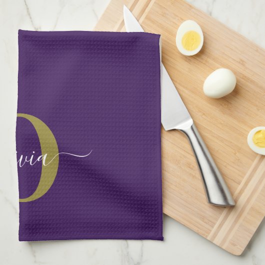 Gepersonaliseerd Monogram Script Name Paars White  Theedoek (Quarter Fold)