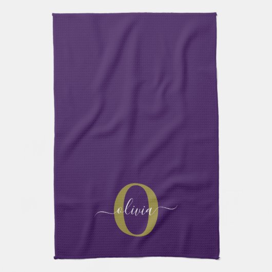 Gepersonaliseerd Monogram Script Name Paars White  Theedoek (Verticaal)