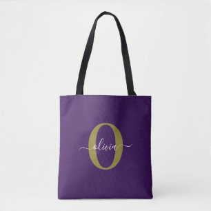 Gepersonaliseerd Monogram Script Name Paars White  Tote Bag