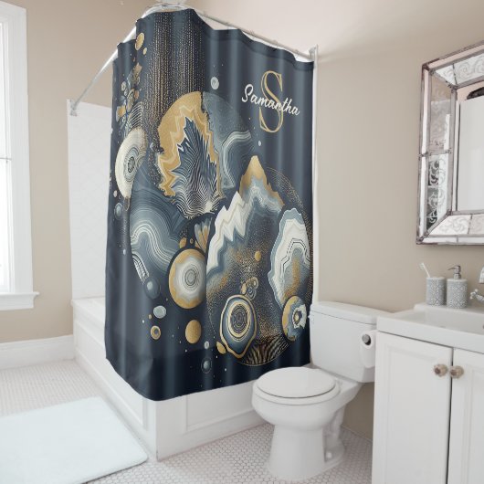 Gepersonaliseerd Monogram Stijlvolle Navy Blue Gol Douchegordijn (In situ)