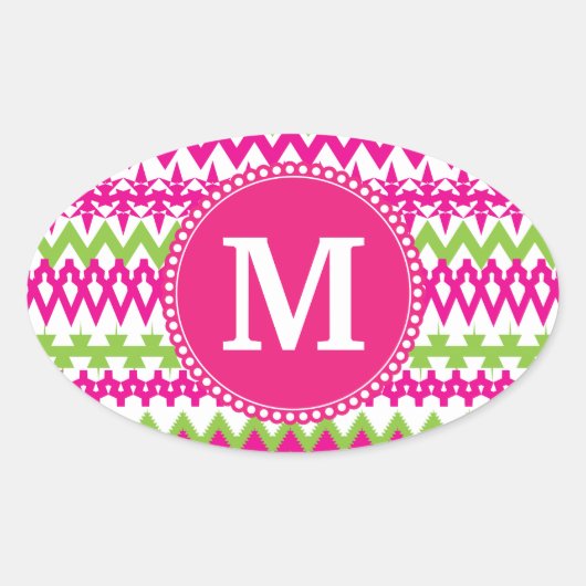 Gepersonaliseerd monogram tribaal patroon roze Che Ovale Sticker (Voorkant)