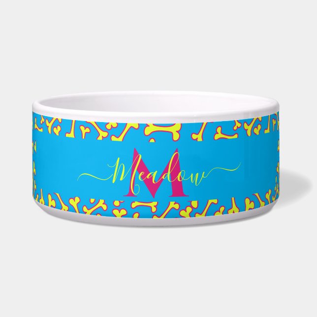 Gepersonaliseerd Monogram Turquoise Cartoon Ontwer Voerbakje (Voorkant)