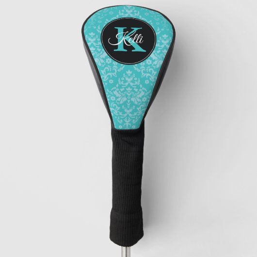 Gepersonaliseerd monogram Turquoise Damask Golfheadcover (Voorkant)