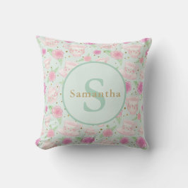 Gepersonaliseerd monogram van Mint Green Pink Tea Kussen