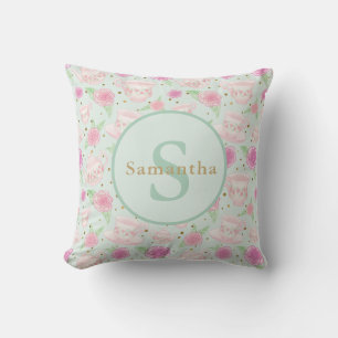 Gepersonaliseerd monogram van Mint Green Pink Tea Kussen