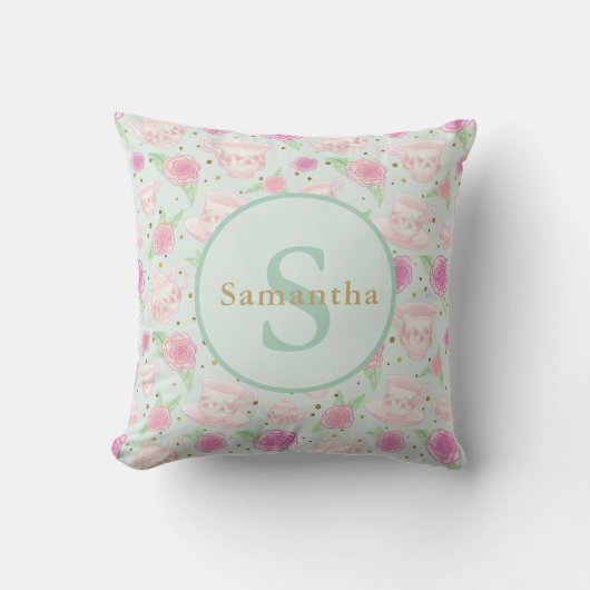Gepersonaliseerd monogram van Mint Green Pink Tea  Kussen (Voorkant)