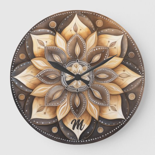 Gepersonaliseerd Monogram Waterverf Bruin Mandala Grote Klok (Voorkant)