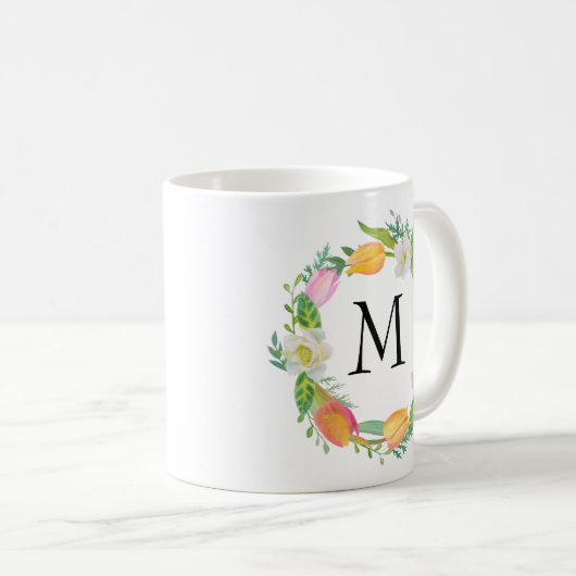 Gepersonaliseerd Monogram, Waterverf Roze Tulp Mok (Voorkant rechts)