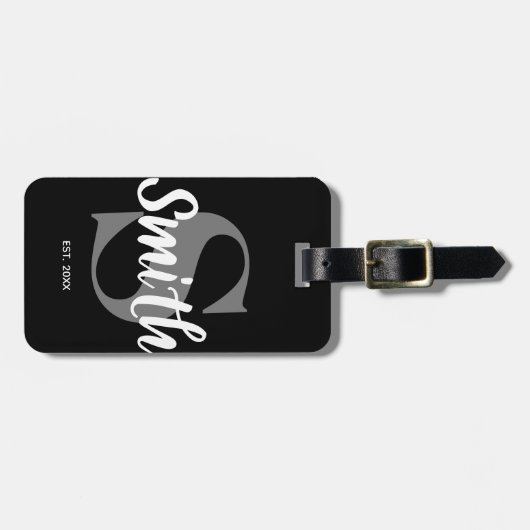 Gepersonaliseerd monogram zwart grijs en witte fam bagagelabel (Voorkant horizontaal)