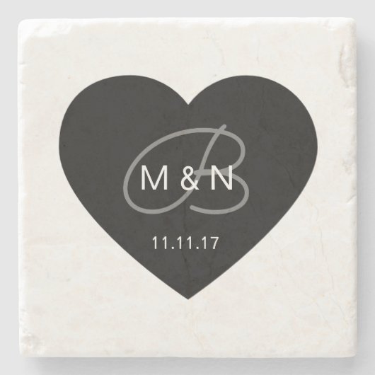 Gepersonaliseerd monogrammed Black Heart Wedding F Stenen Onderzetter (Voorkant)
