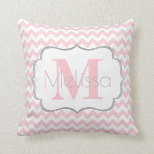 Gepersonaliseerd Monogrammed Pink Gray Chevron Gir Kussen
