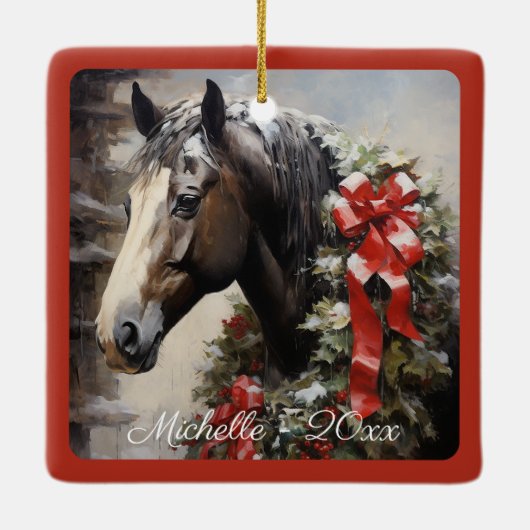 Gepersonaliseerd mooi paard met krans kerst keramisch ornament (Achterkant)