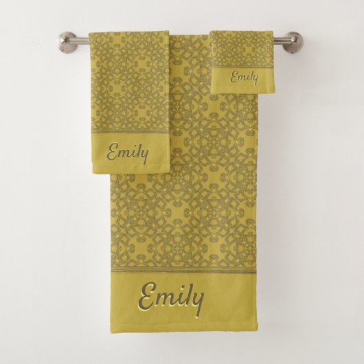 Gepersonaliseerd Mustard Yellow Pattern Bad Handdoek (Insitu)
