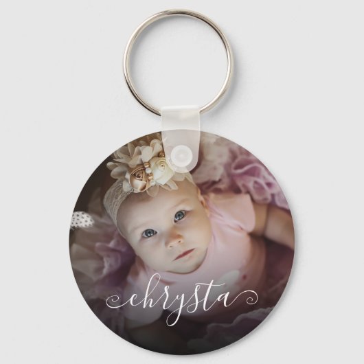 Gepersonaliseerd Naam Baby Foto  Chic Script Sleutelhanger (Voorkant)