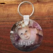 Gepersonaliseerd Naam Baby Foto  Chic Script Sleutelhanger (Voorkant)