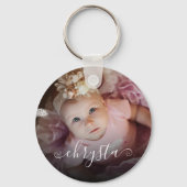 Gepersonaliseerd Naam Baby Foto  Chic Script Sleutelhanger (Achterkant)