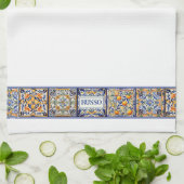 Gepersonaliseerd Naam Blauw & Geel Mediterraan Teg Theedoek (Gevouwen)