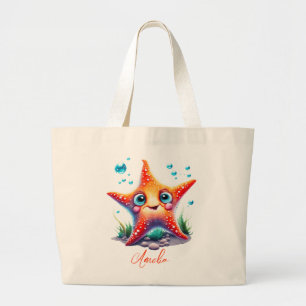 Gepersonaliseerd Naam Lachend Sinaasappel Zeester Grote Tote Bag