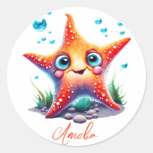 Gepersonaliseerd Naam Lachend Sinaasappel Zeester  Ronde Sticker