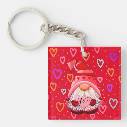 Gepersonaliseerd Naam LOVE Hearts Gnome Valentijn  Sleutelhanger (Voorkant)