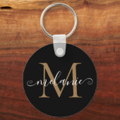 Gepersonaliseerd Naam Monogram  Chic Script Black Sleutelhanger (Voorkant)