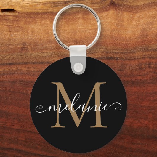 Gepersonaliseerd Naam Monogram Chic Script Black Sleutelhanger (Voorkant)