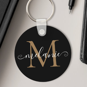 Gepersonaliseerd Naam Monogram  Chic Script Black Sleutelhanger