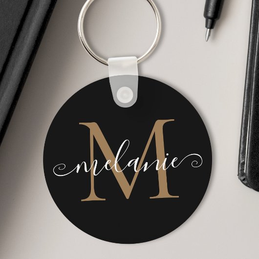 Gepersonaliseerd Naam Monogram  Chic Script Black Sleutelhanger