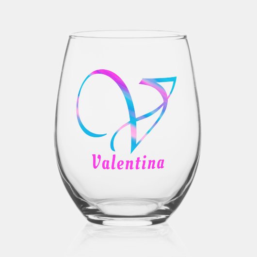 Gepersonaliseerd Naam Monogram "V" Abstract Lente  Wijnglas Zonder Voet (Voorkant)