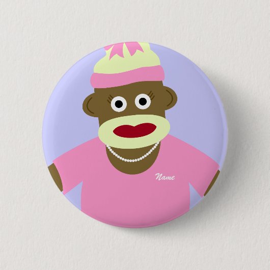 Gepersonaliseerd Naam of Monogram Sock Monkey Girl Ronde Button 5,7 Cm (Voorkant)