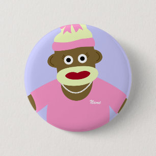 Gepersonaliseerd Naam of Monogram Sock Monkey Girl Ronde Button 5,7 Cm