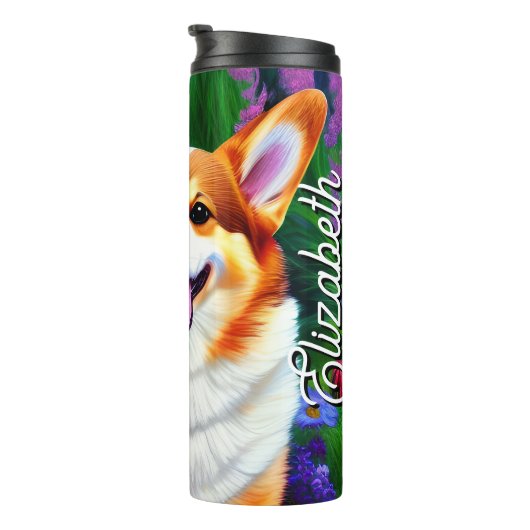 Gepersonaliseerd naam Pastel Floral Corgi Thermosbeker (Geroteerd rechts)