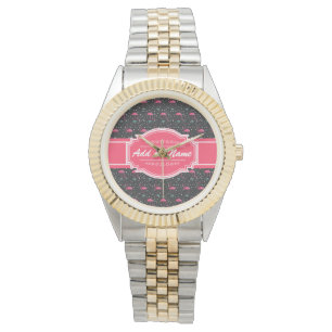 Gepersonaliseerd Naam Roze Flamingo patroon Horloge