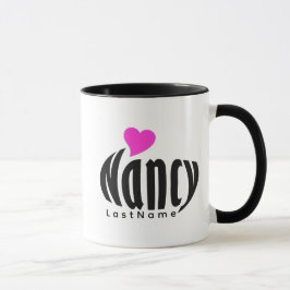 Gepersonaliseerd "Nancy" in zwart-wit, roze harten Mok