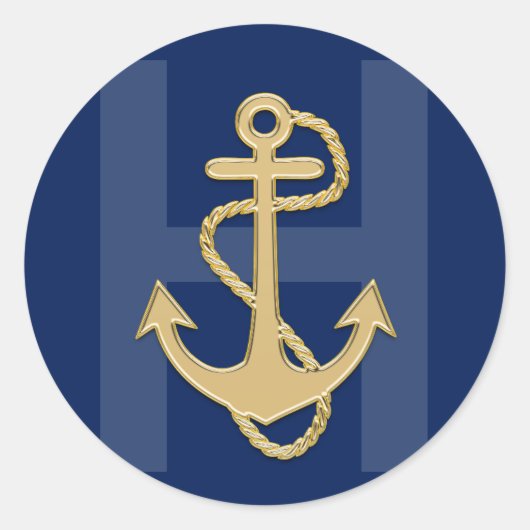 Gepersonaliseerd Nautical Navy Blue Gold MONOGRAM Ronde Sticker (Voorkant)