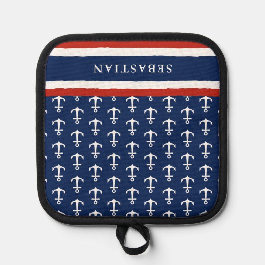 Gepersonaliseerd Nautical Navy Blue Rood Wit Anker Pannenlap (Voorkant)
