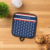 Gepersonaliseerd Nautical Navy Blue Rood Wit Anker Pannenlap (Top down)