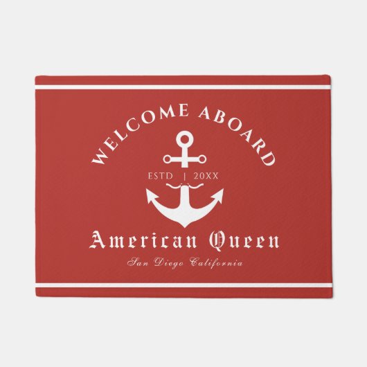 Gepersonaliseerd nautisch rood welkom aan boord deurmat (Voorkant)