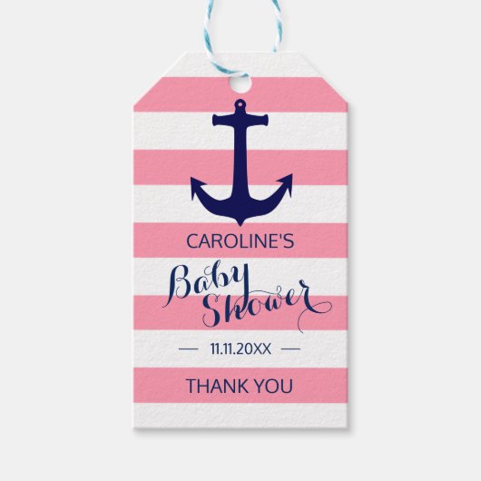 Gepersonaliseerd Nautisch Roze Anker Baby shower Cadeaulabel (Voorkant)