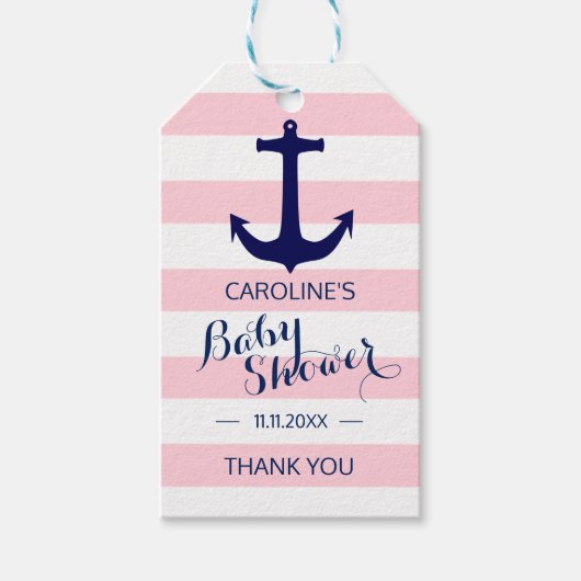 Gepersonaliseerd Nautisch Roze Anker Baby shower Cadeaulabel (Voorkant)