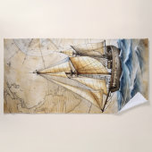 Gepersonaliseerd  Nautisch Schip met Antiek Kaart Strandlaken (Voorkant)