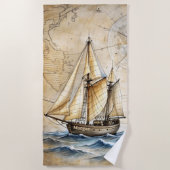 Gepersonaliseerd  Nautisch Schip met Antiek Kaart Strandlaken (Voorkant)
